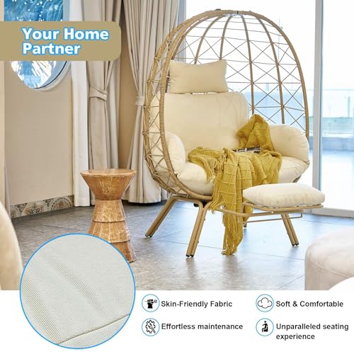 Oversized Beige Wicker Egg Chair with Cushion & Footrest N8200