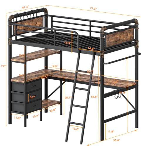 Twin Size Heavy Duty Metal Loft Bed with L-Shaped Desk, LED Lights, Charging Station, 3 Storage Shelves and 3 Fabric Drawers, Safety Guard & Ladder N486326