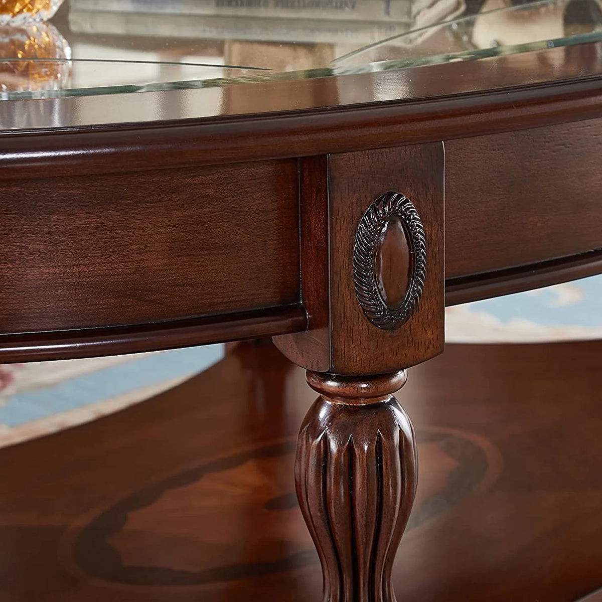 Oval Glass 2-Tier Solid Wood Coffee Table with Storage Shelf D5990