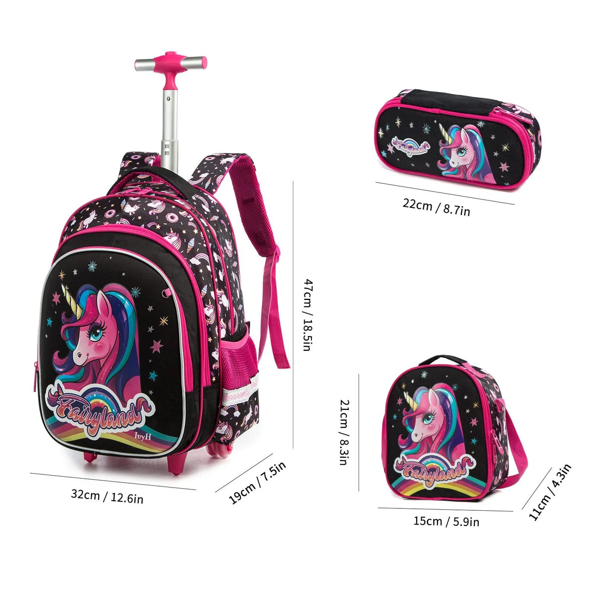 Black 3Pcs Rolling Backpack Set with Lunch Bag and Pencil Case R23710