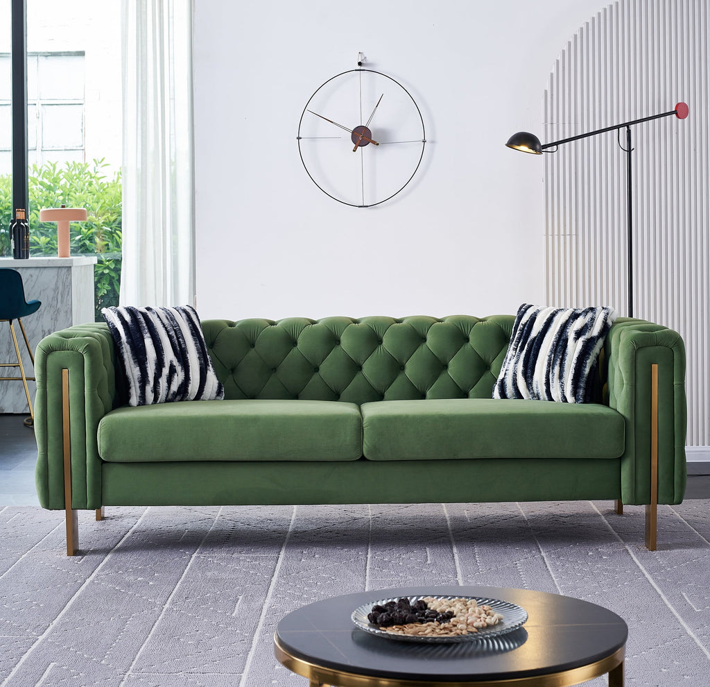 Green Tufted Velvet Sofa with 2 Pillows, 84 inches W832338