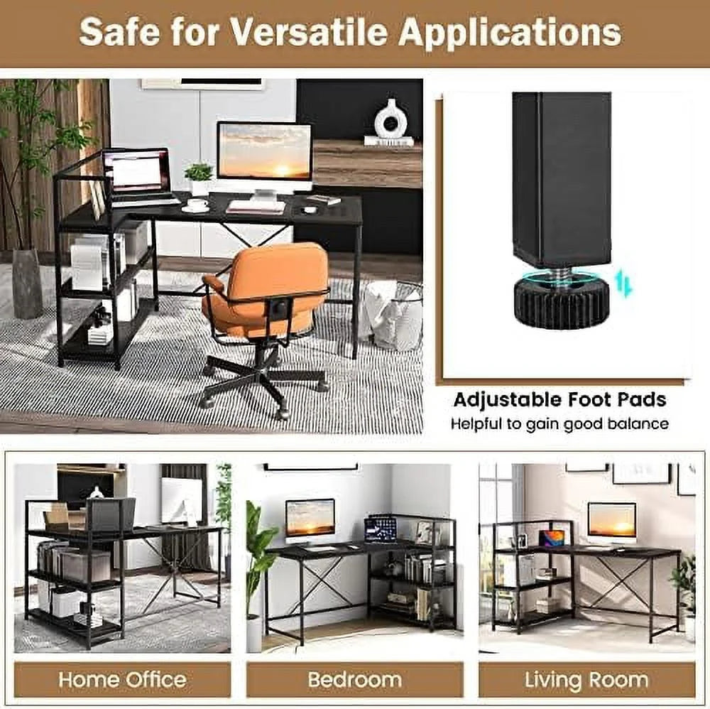 Reversible L-Shaped Corner Desk with 3-Tier Shelves I611602