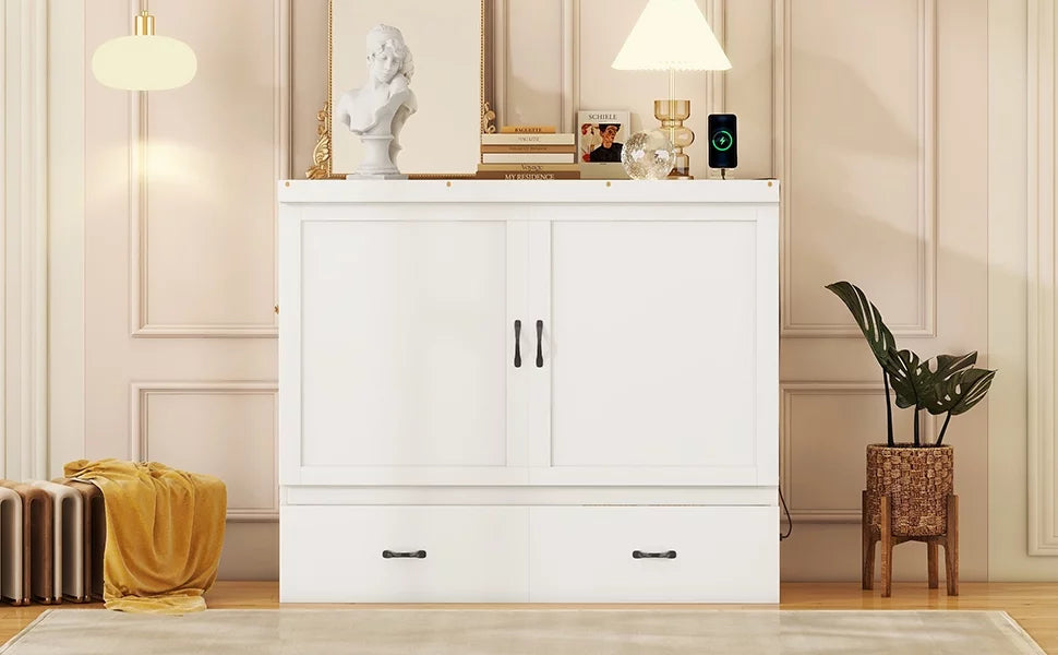 Full Size White Murphy Bed with USB Port and 2 Storage Drawers Z2616