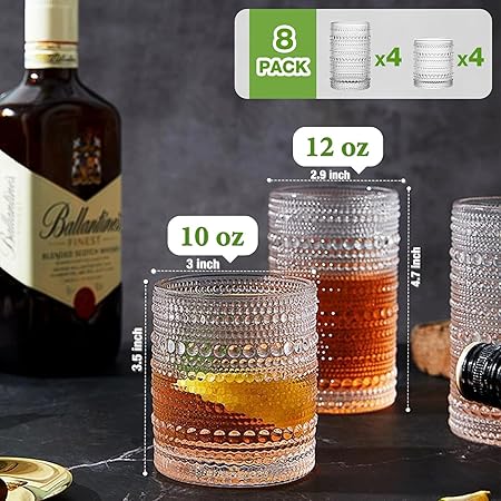 Vintage Hobnail Drinking Glasses Set of 8, 12 oz Highball & 10 oz Cocktail Glasses J725611