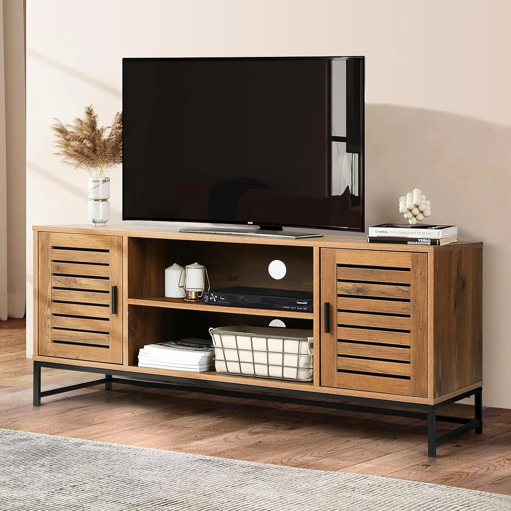 Mid-Century TV Console up to 55 Inch with Slatted Wood Doors B948