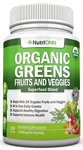 Organic Super Greens Capsules - Fruit And Vegetable Supplements - 120 Count - USDA Organic & Vegan - Superfood Blend - Whole Food Vitamins X126