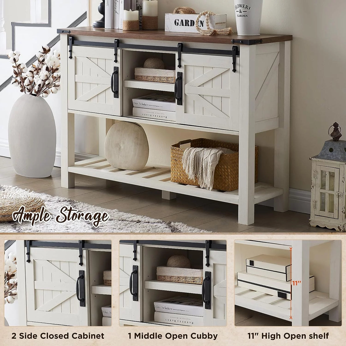 Antique White Wood Metal Entryway Table with Sliding Barn Doors Q80455