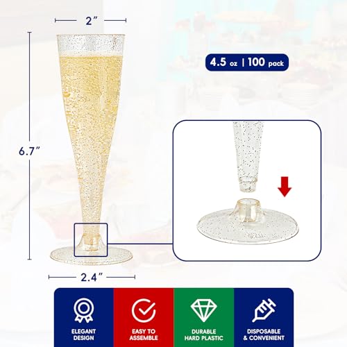 100 Pack 4.5 oz Gold Glitter Plastic Champagne Flutes Y19354