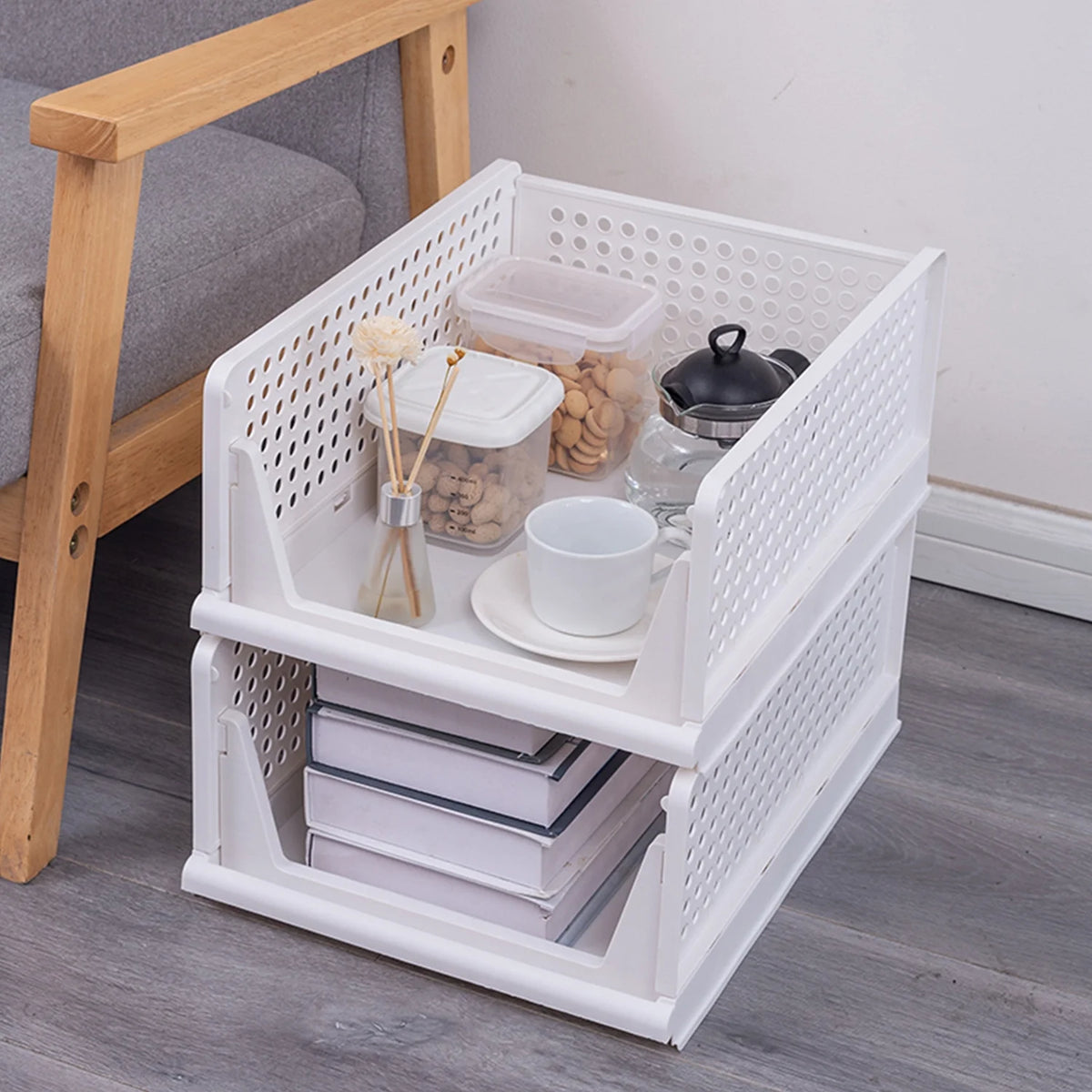 White 4 Pack Stackable Plastic Storage Basket S2480