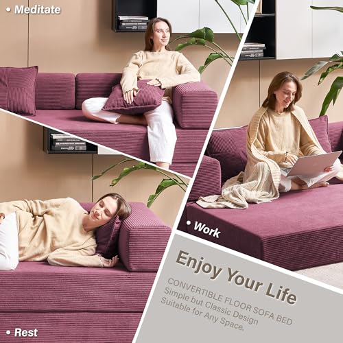 Foldable Sofa Bed, 81'' Folding Floor Couch, Compressed Convertable Sleeper Sofa, Memory Foam Couch with Pillow Back Support Armrest, 4-in-1 Futon Sofa Bed for Living Room, Black L6313