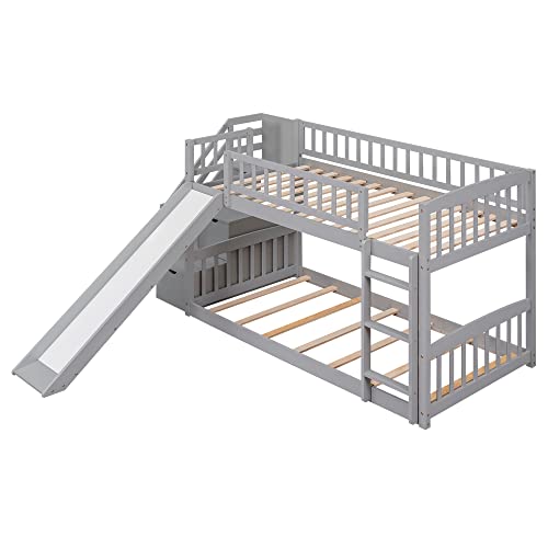 Twin Size Wood Loft Bed with Slide and Storage Shelves C6336