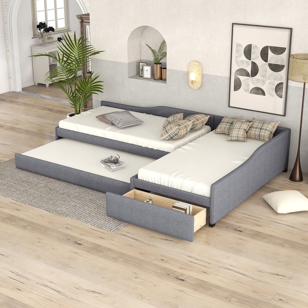 Gray Upholstered Double Twin Size Daybed with Trundle and Drawer K258842
