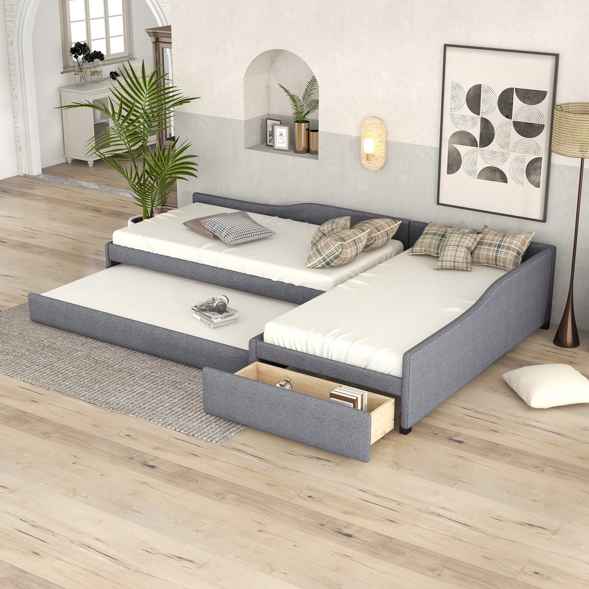 Gray Upholstered Double Twin Size Daybed with Trundle and Drawer K258842