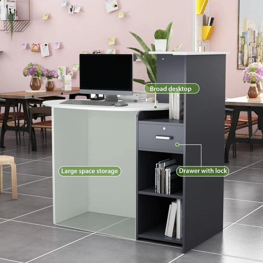 White and Dark Grey Reception Desk with Lockable Drawer E703621