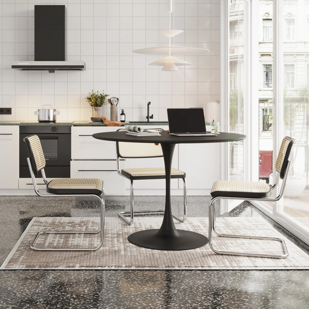 47.24" Round Dining Table with Black Solid Wood Grain Top and Metal Base Q378