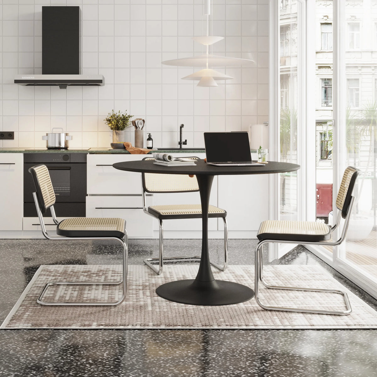 47.24" Round Dining Table with Black Solid Wood Grain Top and Metal Base Q378