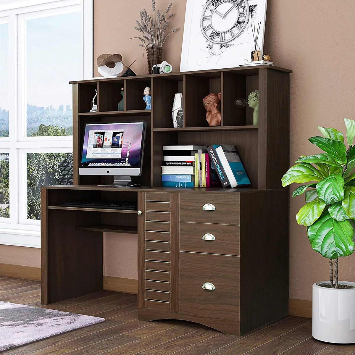 Walnut Computer Desk with Cabinet and Keyboard Tray Y273