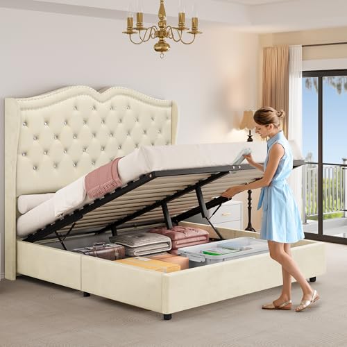 Queen Velvet Upholstered Storage Bed Frame with Headboard L461