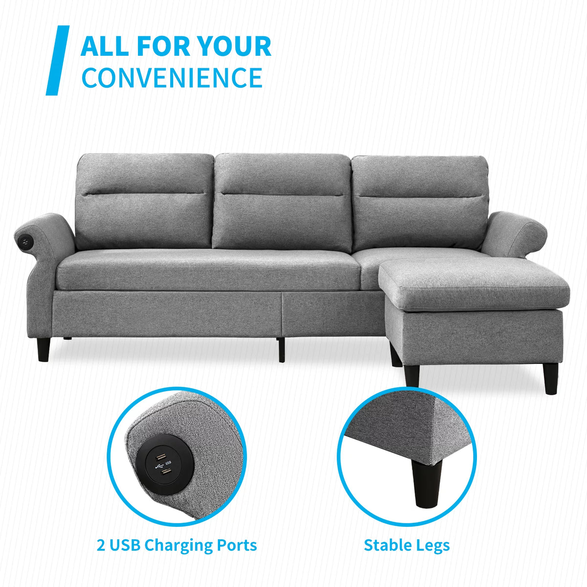 88" Convertible Sectional Sofa Couch with 2 USB Ports, Linen Fabric, Light Grey A96496