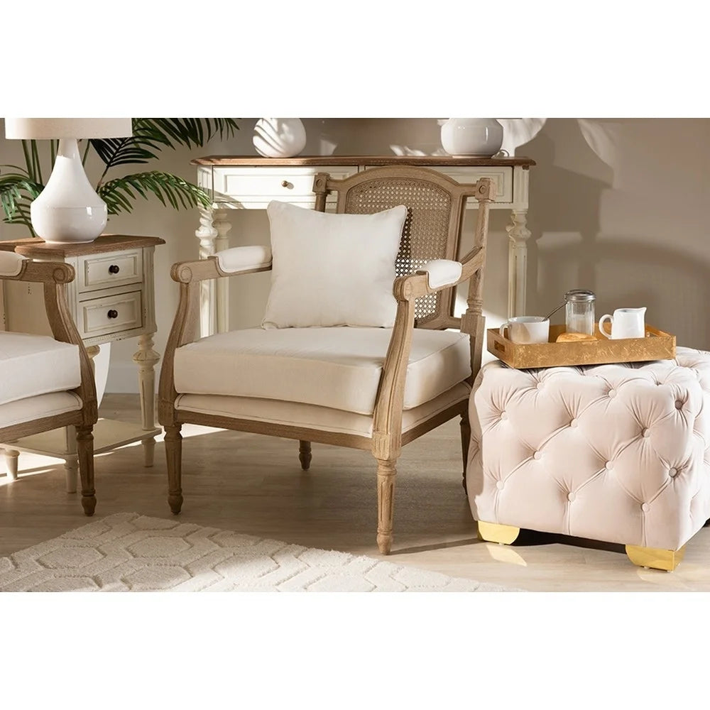Ivory Fabric Upholstered Whitewashed Wood Armchair A378