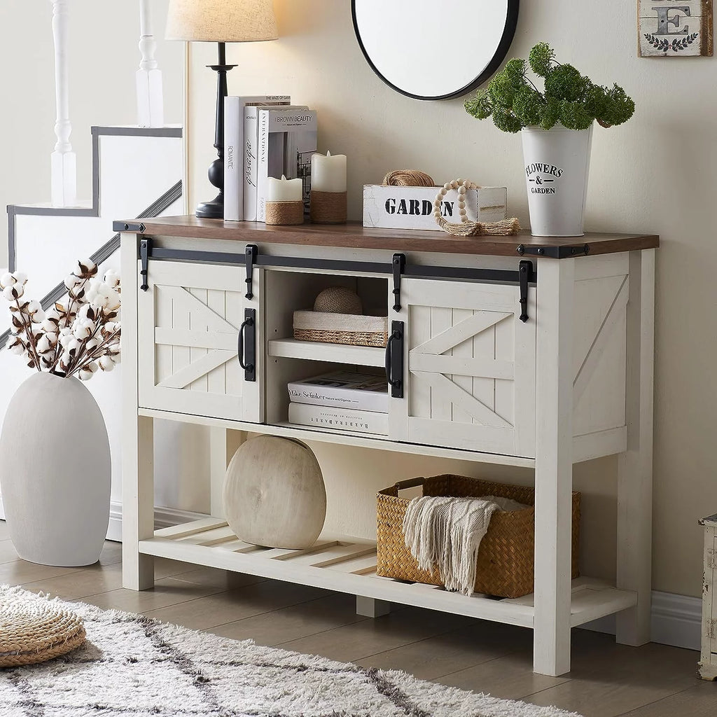 Antique White Wood Metal Entryway Table with Sliding Barn Doors Q80455