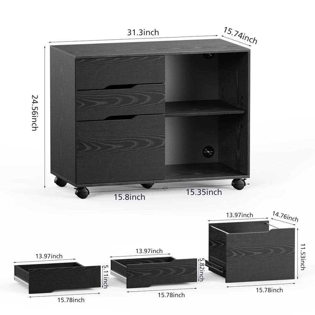 Black 3-Drawer Rolling File Cabinet with Lock A3970