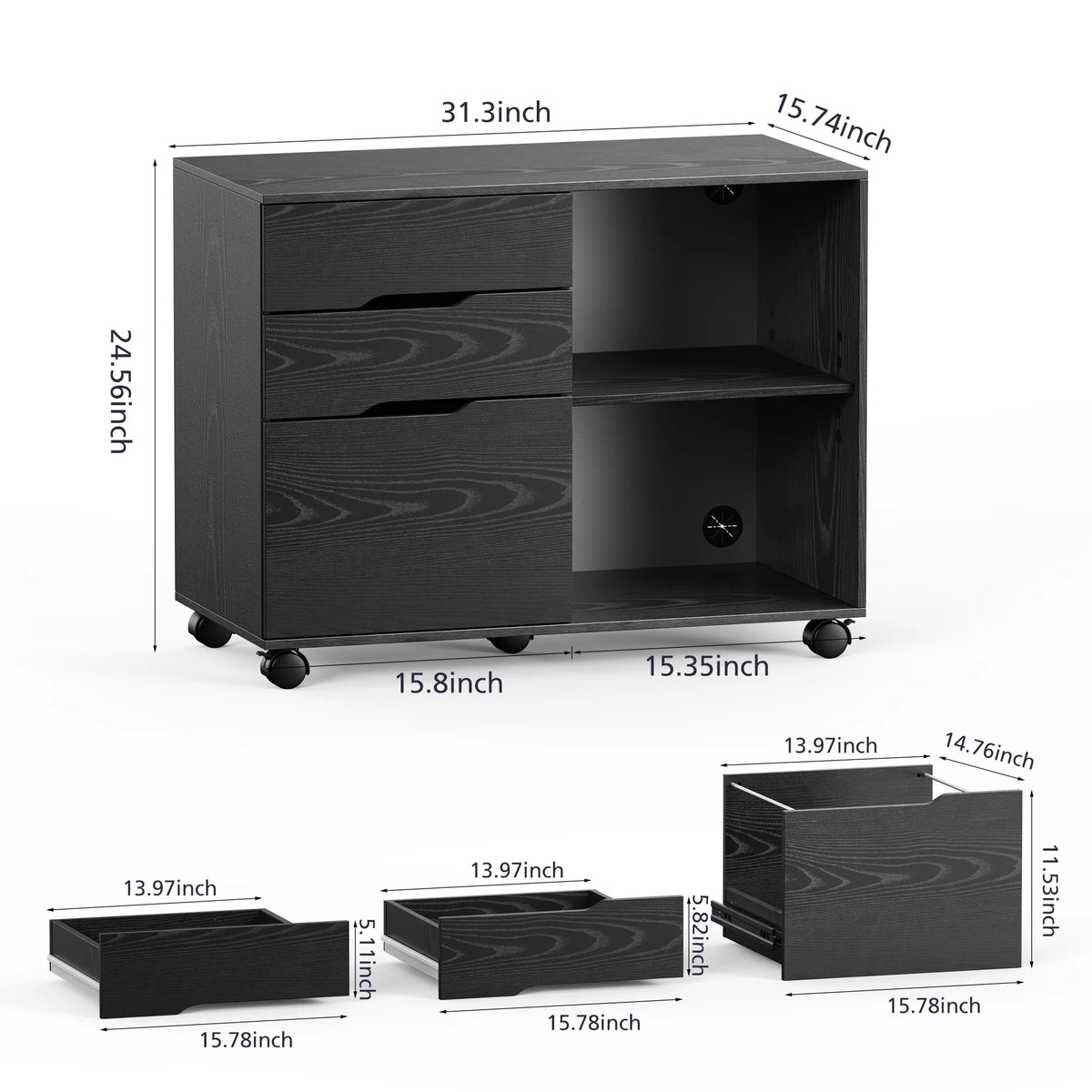 Black 3-Drawer Rolling File Cabinet with Lock A3970