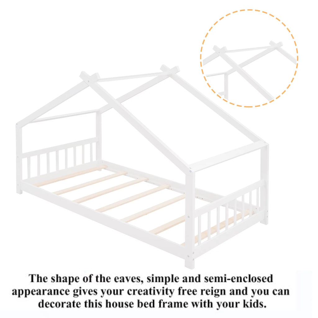 White Twin Size Wood House Bed with Headboard and Footboard Y649351