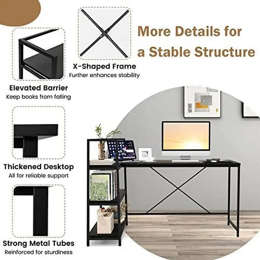 Reversible L-Shaped Corner Desk with 3-Tier Shelves I611602
