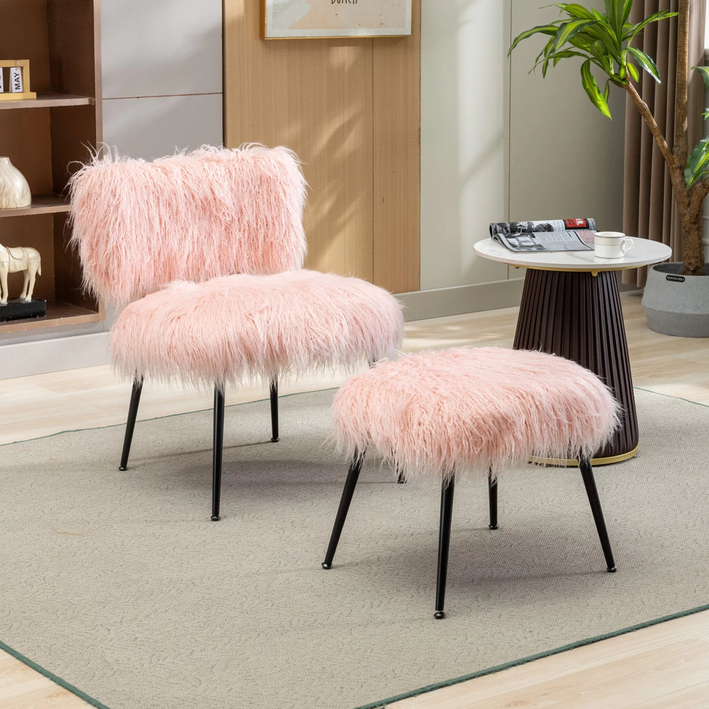 Pink Faux Fur Plush Accent Chair with Ottoman M84868