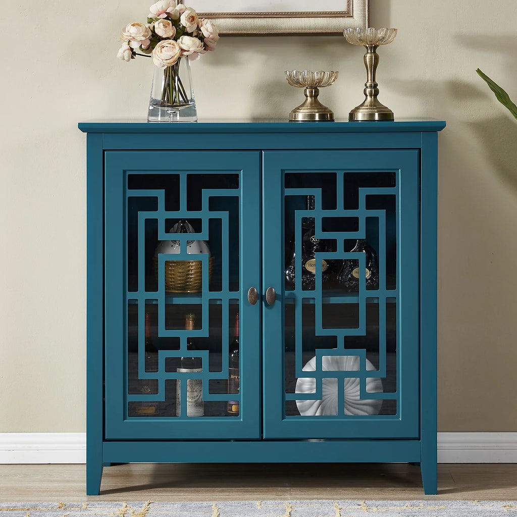 Teal Blue Wooden Buffet Cabinet with Adjustable Shelves D381