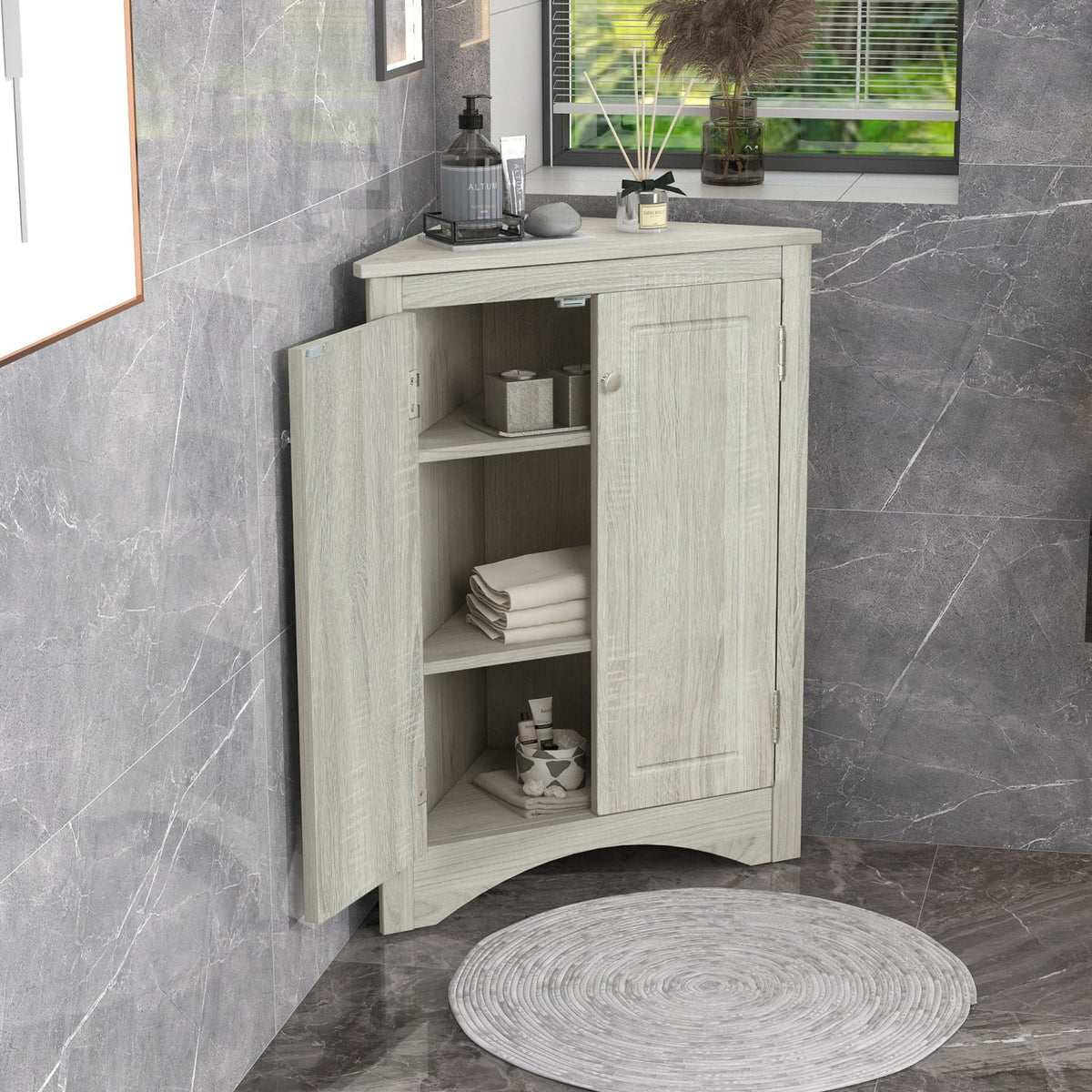 Oak Freestanding Bathroom Storage Cabinet with Doors and Shelves I93704
