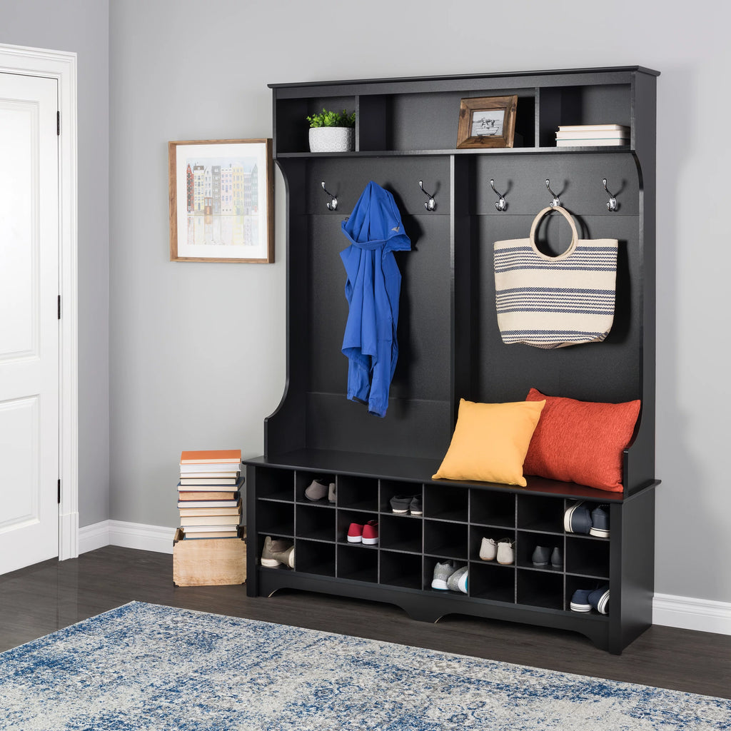 60" Wide Hall Tree with 24 Shoe Cubbies, Black V20145