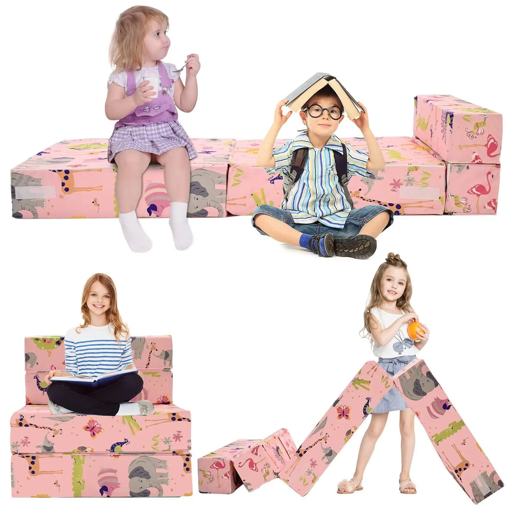 Pink 2-in-1 Kids Convertible Sofa Lounger Plush Fabric B4083