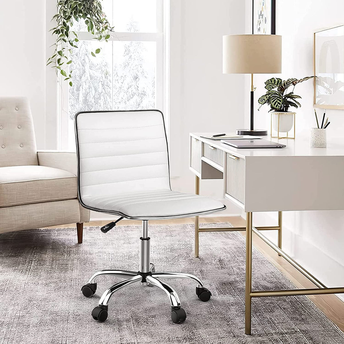 Black Armless Leather Swivel Desk Chair with Wheels M41741