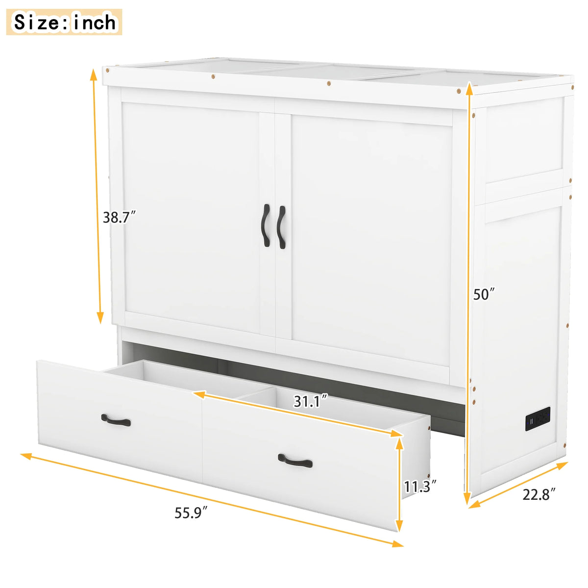 Full Size White Murphy Bed with USB Port and 2 Storage Drawers Z2616
