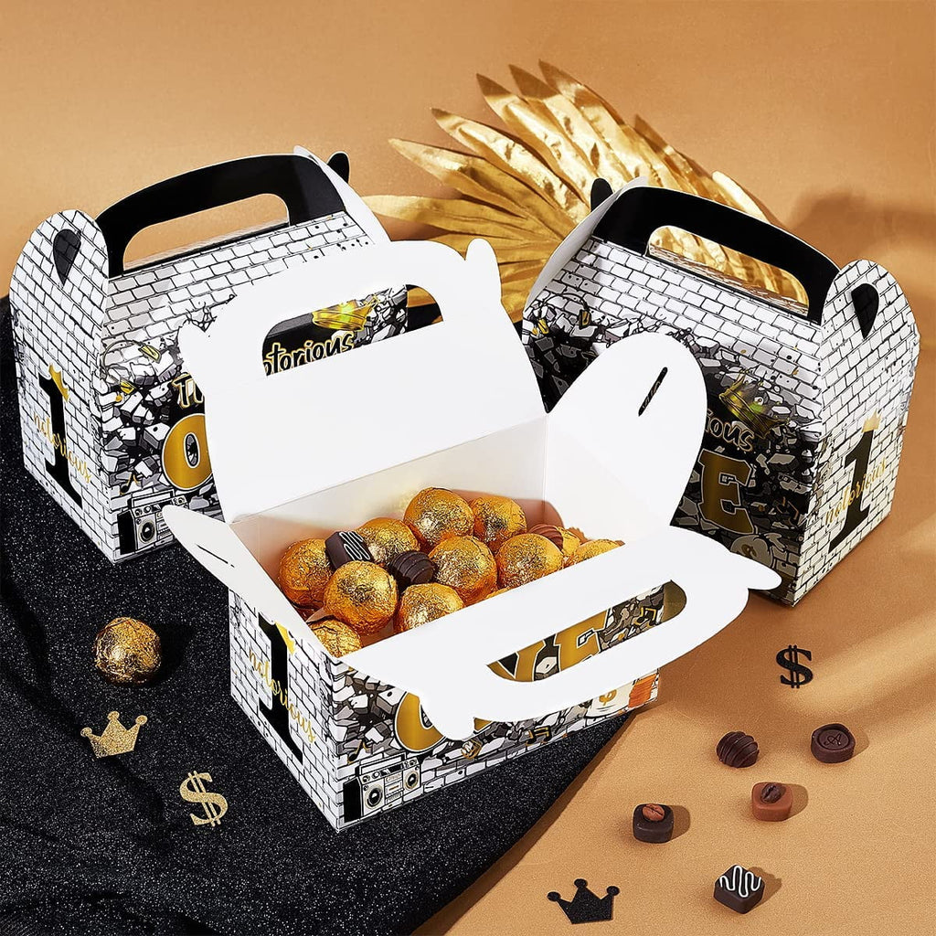 Black Gold 1st Birthday Treat Boxes with Handle X12522