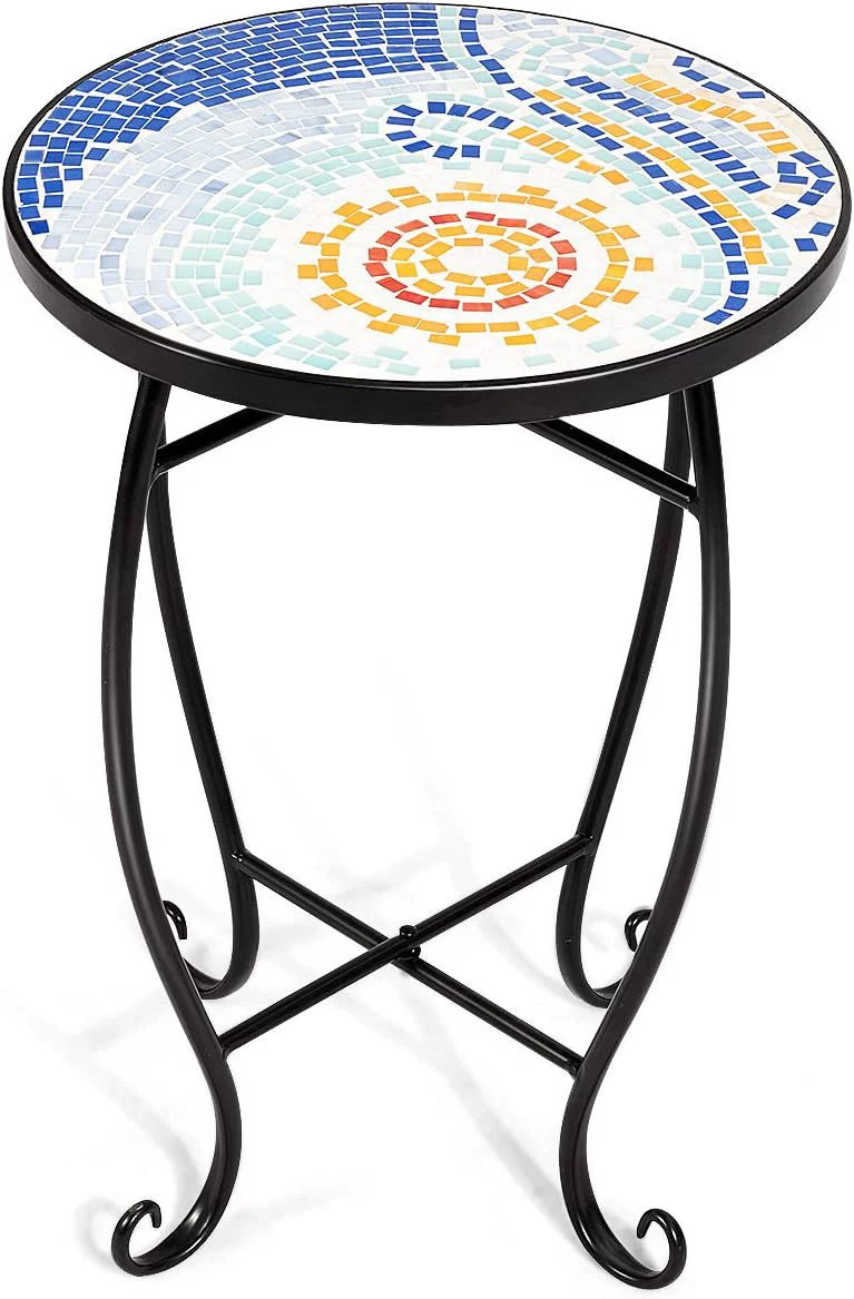 Mosaic Round 14 Inch Glass Top Steel Side Table D710