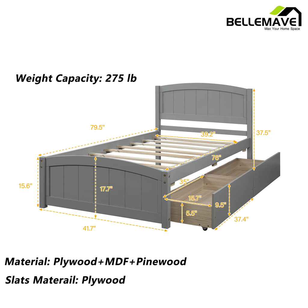 Twin Size Platform Bed Frame with Storage Drawer and Headboard G399
