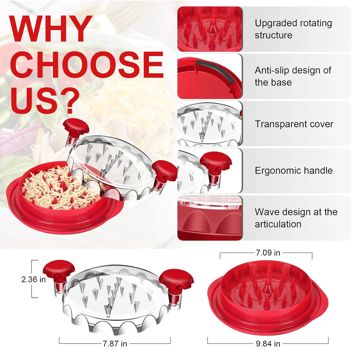 Chicken Shredder with Handles and Non-Skid Base, Dishwasher Safe - Red P73272