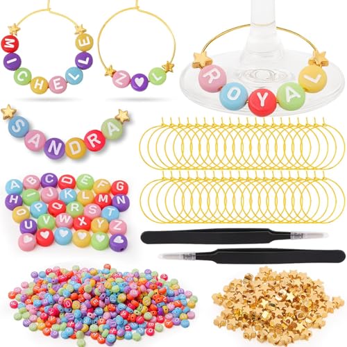 60 Sets DIY Wine Glass Charms with Letter Beads Gold Beads Charm Rings Tweezers Y51192