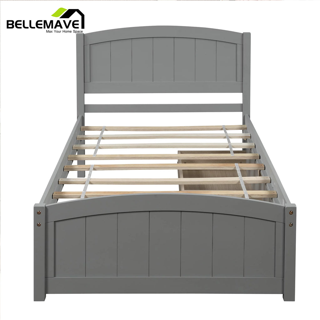 Twin Size Platform Bed Frame with Storage Drawer and Headboard G399