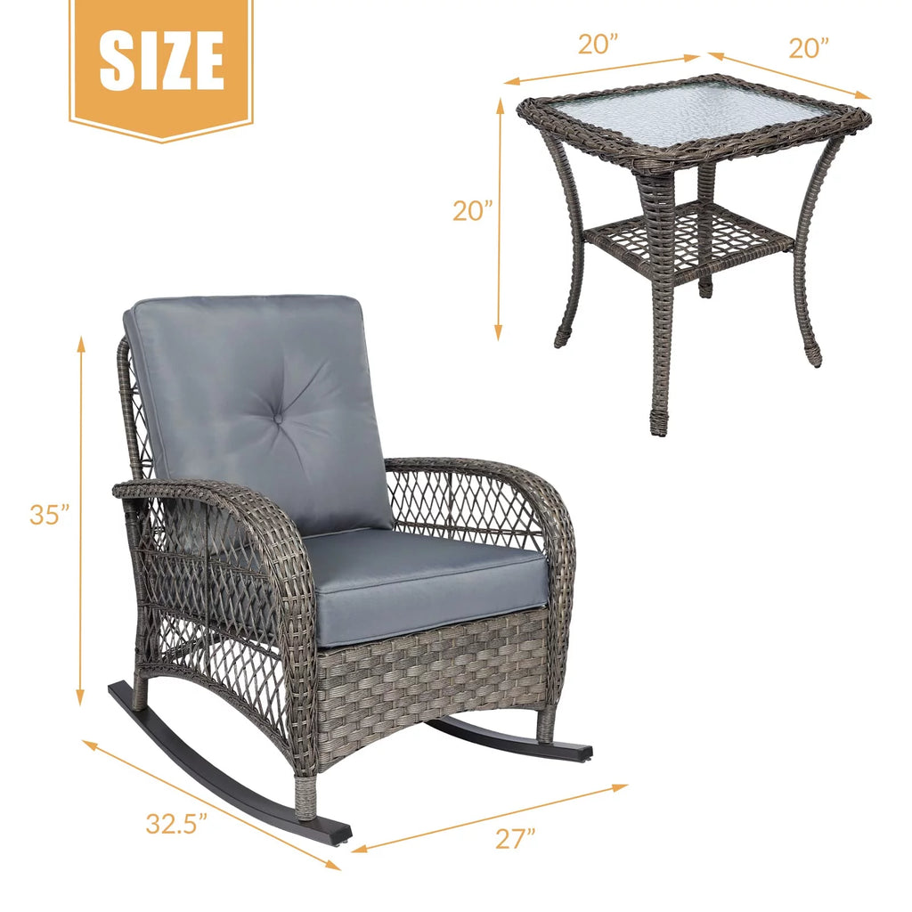 3 Pieces Rattan Patio Rocking Chair Set with Cushions and Glass-Top Coffee Table T14374