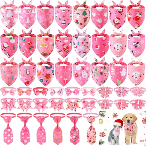 48 Pcs Pink Christmas Dog Bandanas Bow Collars and Ties Set X79997
