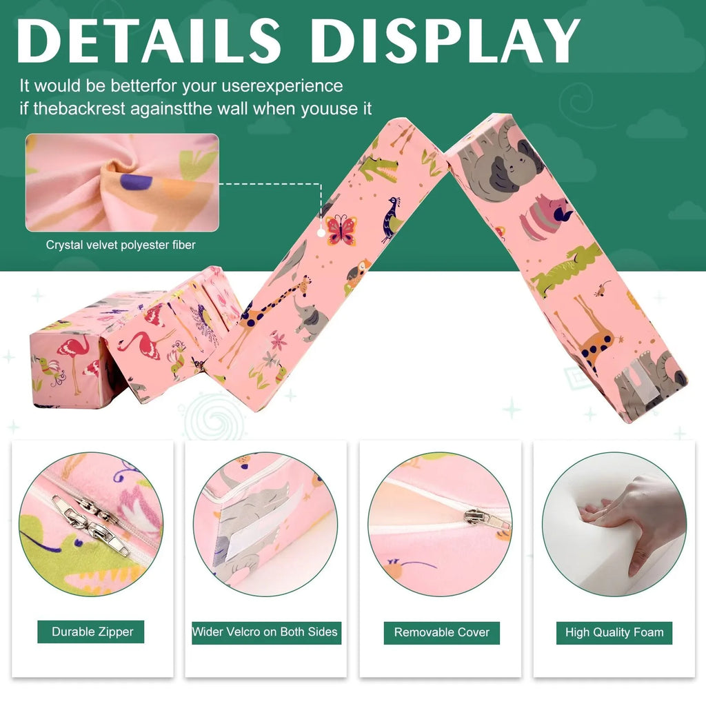 Pink 2-in-1 Kids Convertible Sofa Lounger Plush Fabric B4083