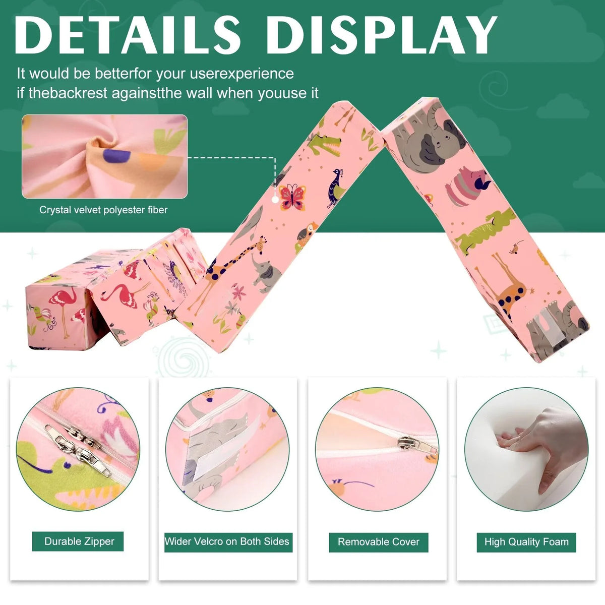Pink 2-in-1 Kids Convertible Sofa Lounger Plush Fabric B4083