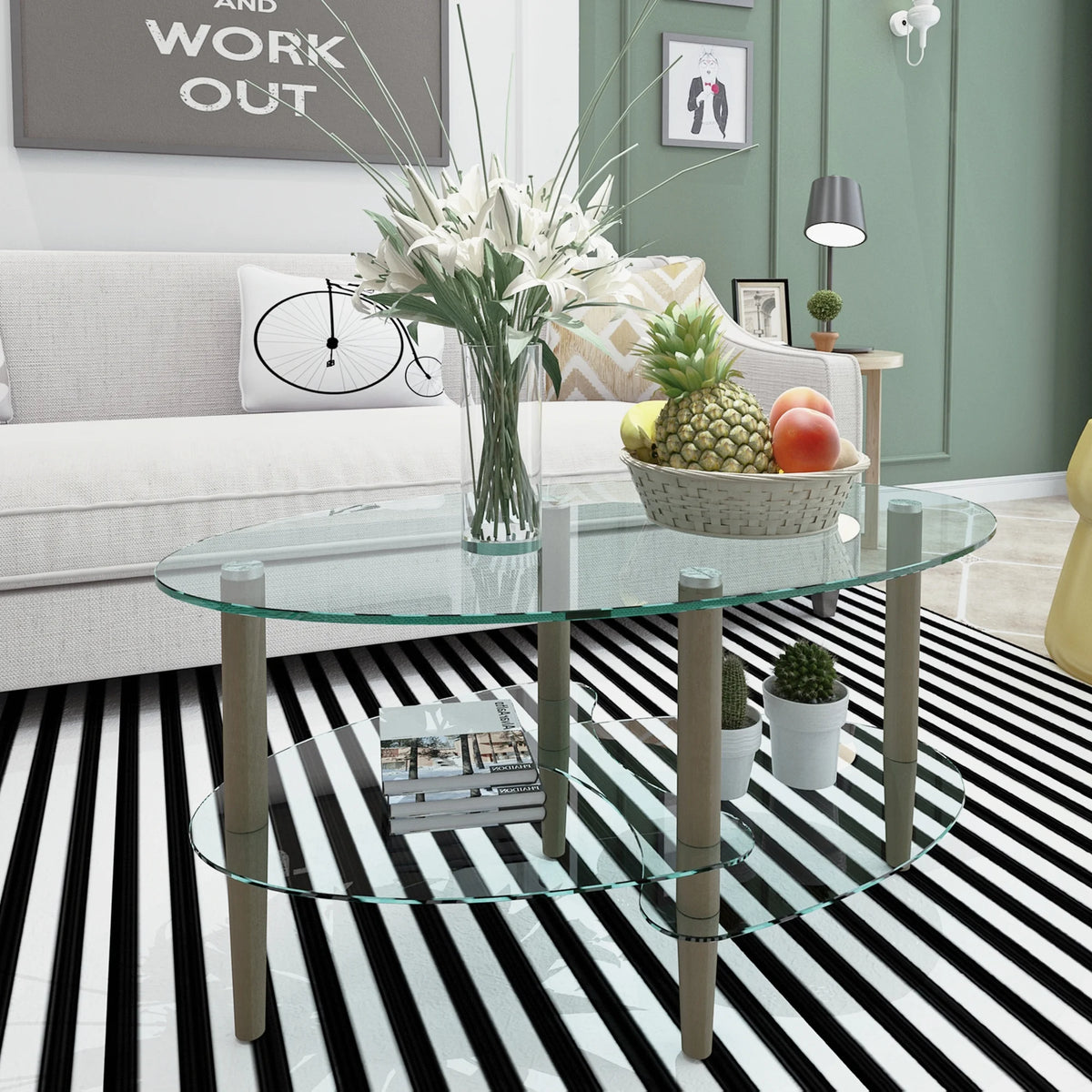 Oval Glass Coffee Table with Storage R485645