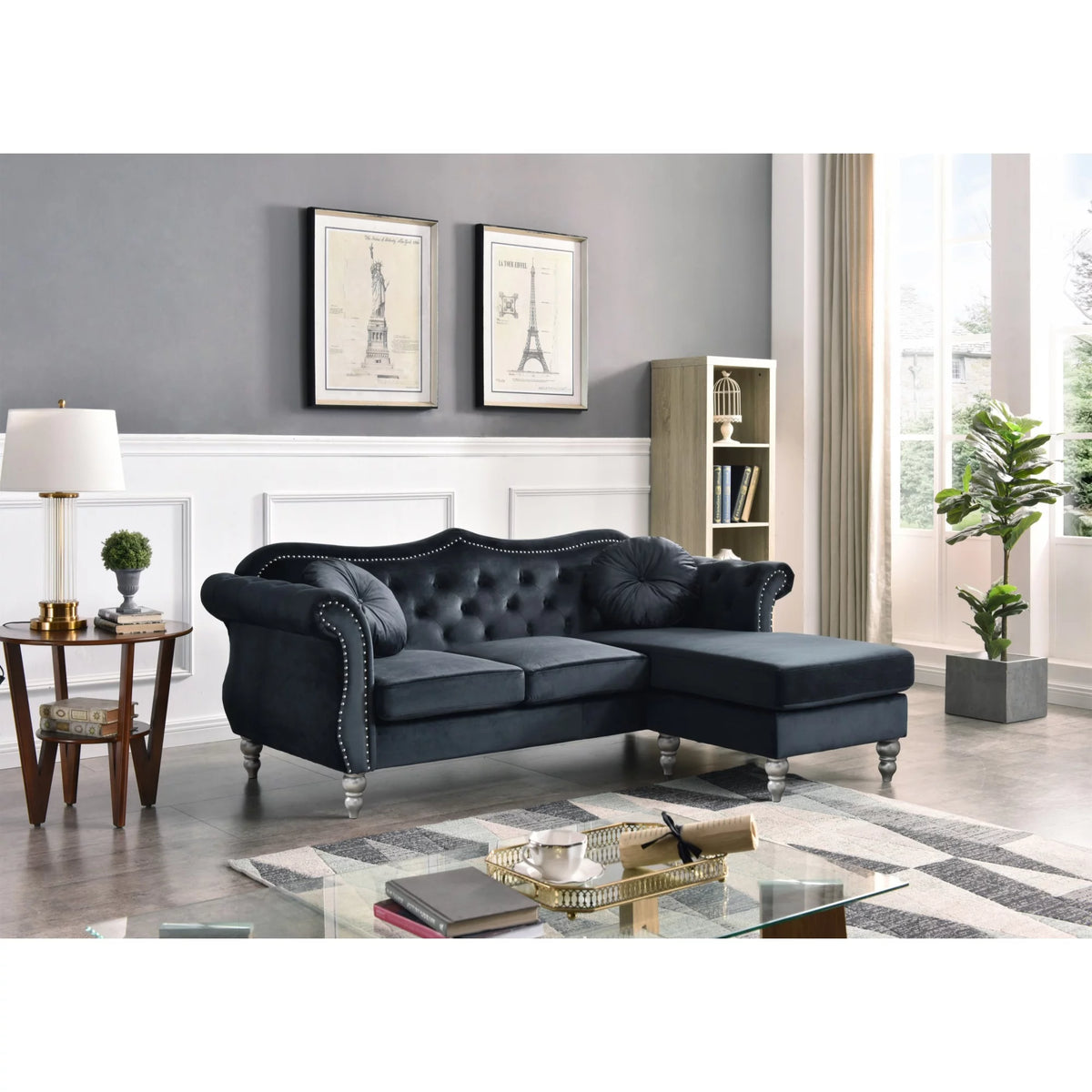 Black Velvet Chesterfield Sectional Sofa with 2-Throw Pillow P22634