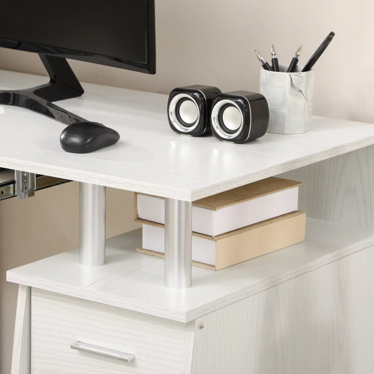 47" White Computer Desk with Keyboard Tray and Storage Drawers S74412
