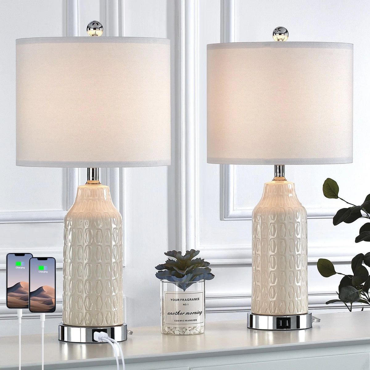 22.5" Ceramic Table Lamp Set of 2 with USB Ports Y73373